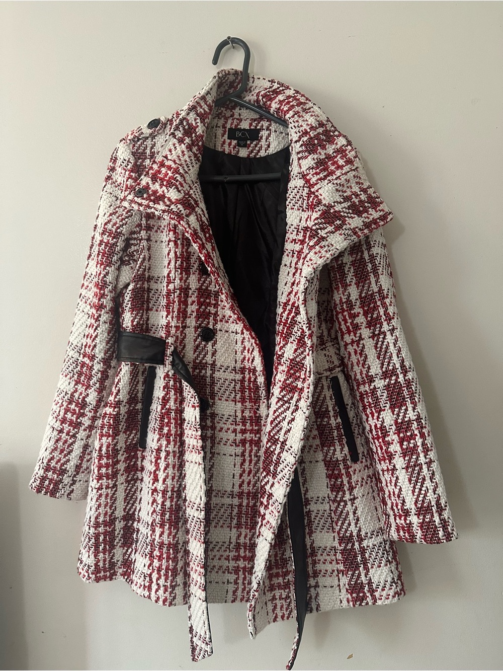 BCX Red & White Plaid Belted Coat Size M